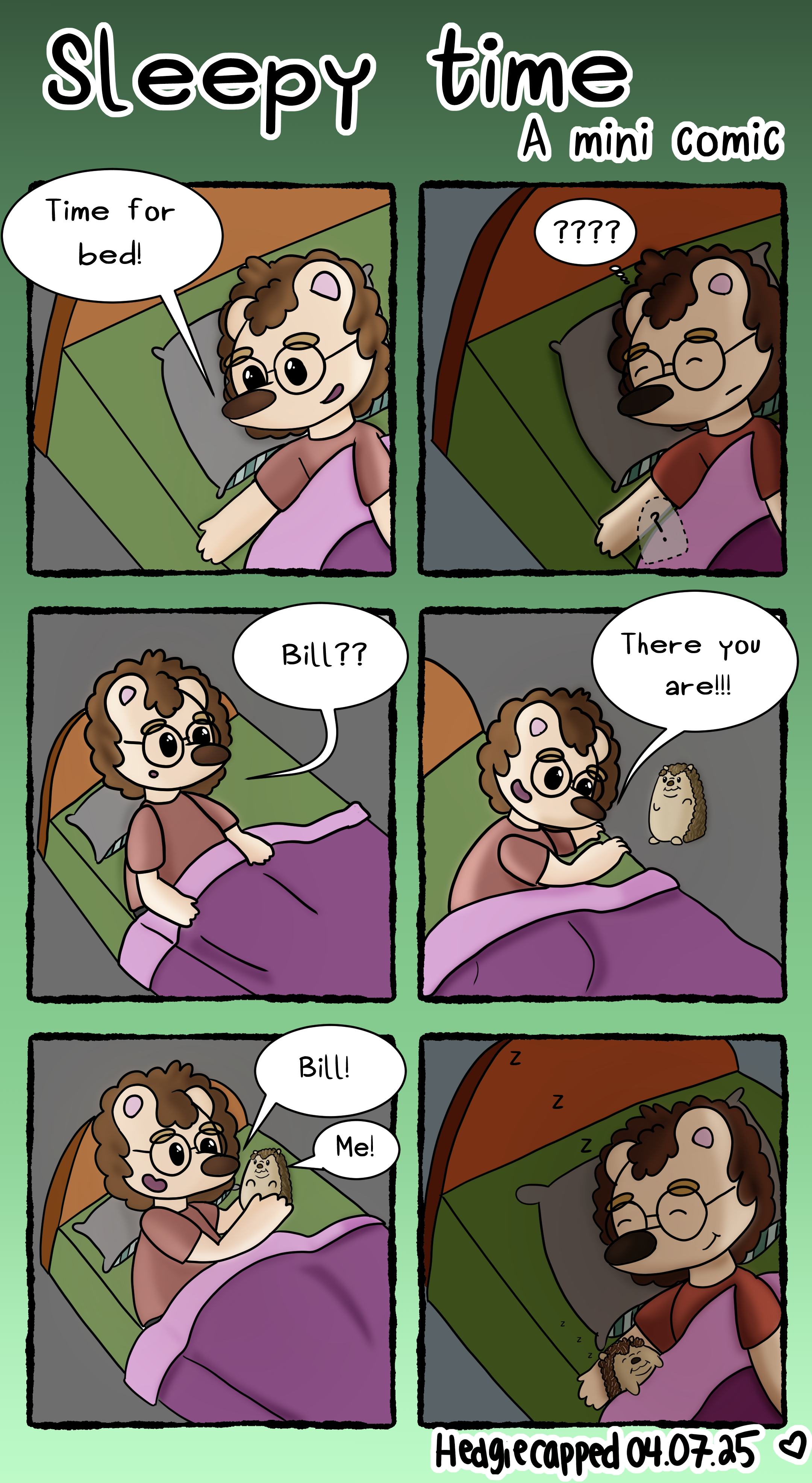 Bill and hedgie get ready for bed